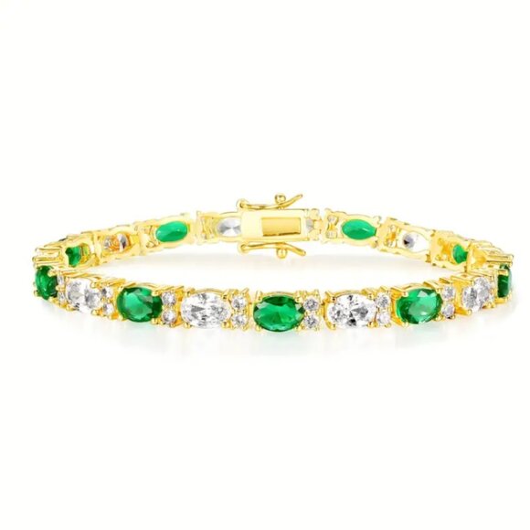 14K Gold Womens 2ct Green Emerald Oval Gemstone Diamond Tennis Bracelet 7" inch - Picture 9 of 9